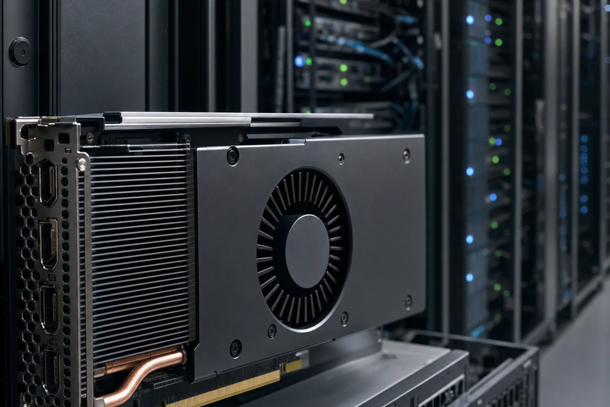 Nahaufnahme einer GPU-Beschleunigerkarte vor einem Rechenzentrum mit Server-Racks