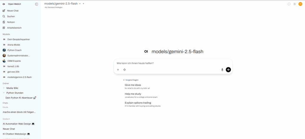 Screenshot des Open WebUI Interfaces mit Chat-Verlauf und Menü